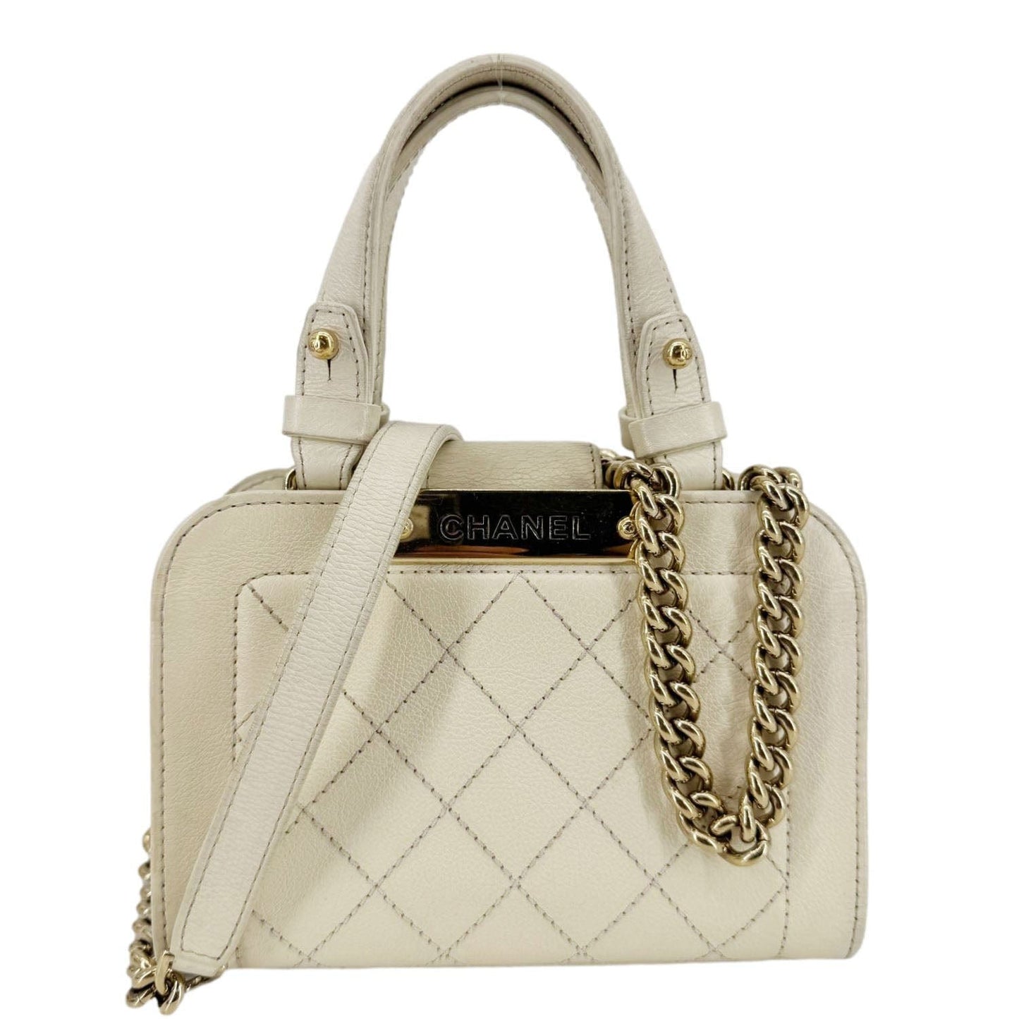 CHANEL Stitched Label Click Mini Quilted Leather Shopper Tote Cream