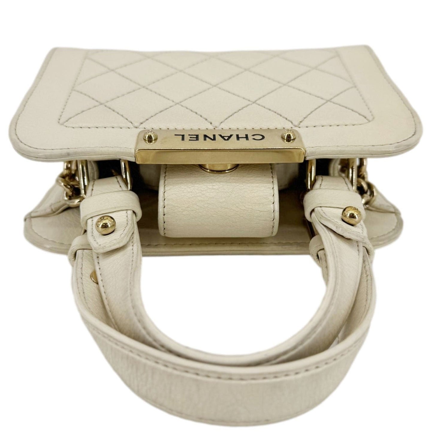 CHANEL Stitched Label Click Mini Quilted Leather Shopper Tote Cream