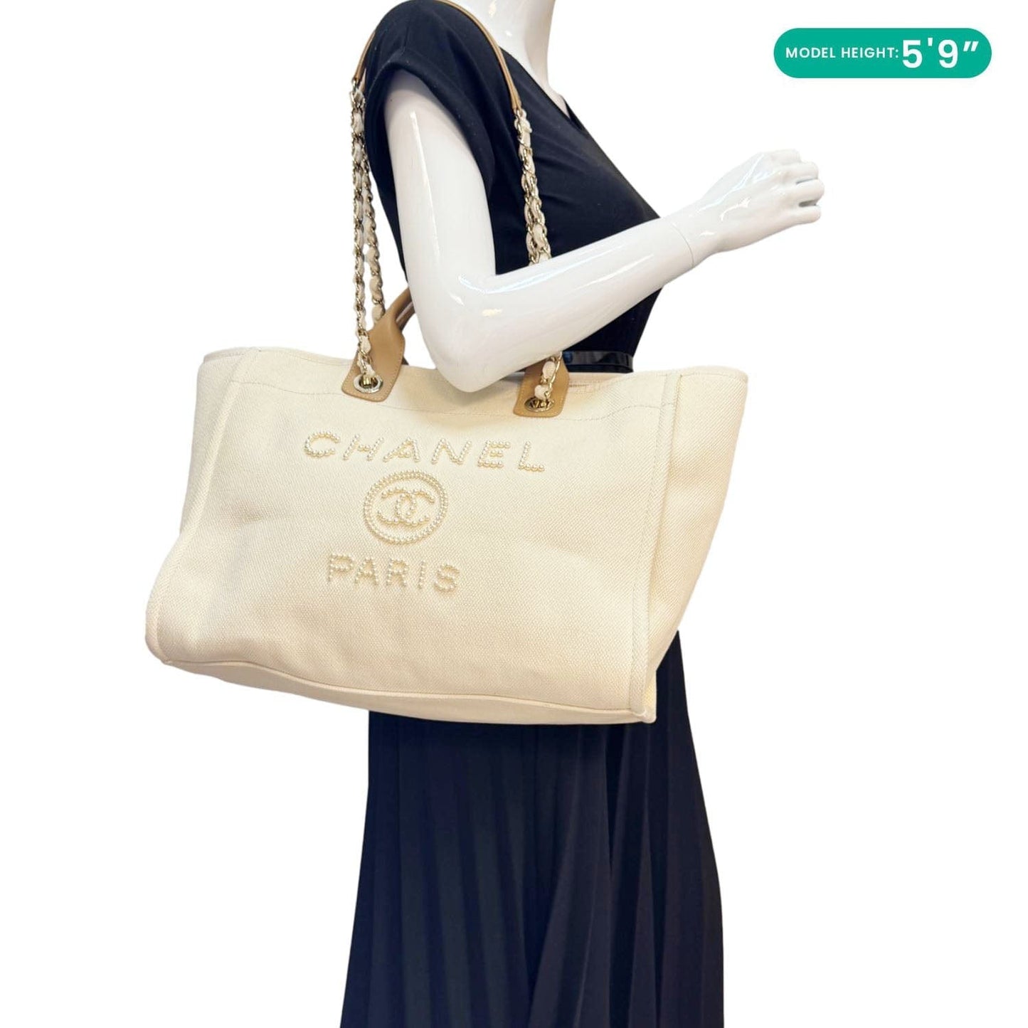 CHANEL Deauville Large Pearl Embellished Canvas Tote Bag Cream