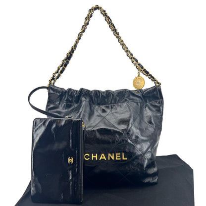 CHANEL 22 Quilted Calfskin  Shiny Leather Shoulder Bag Black