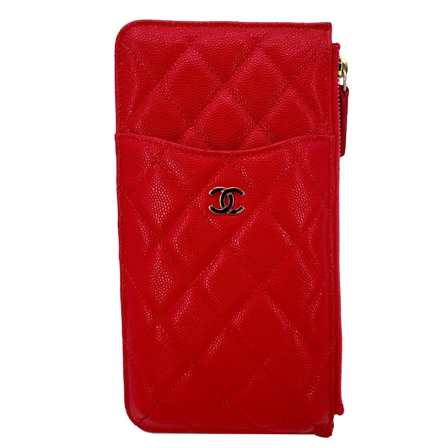 CHANEL Classic Flat Quilted Caviar Leather Wallet Pouch Red