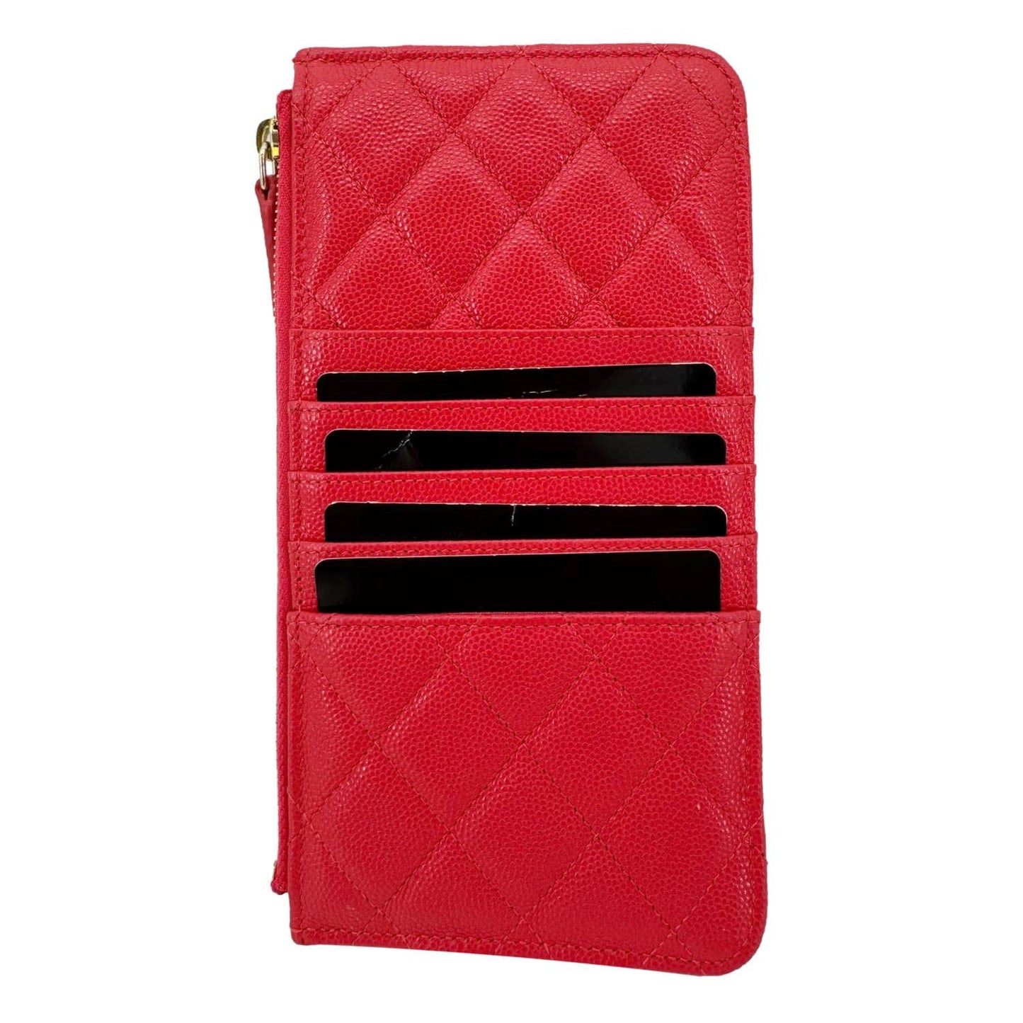 CHANEL Classic Flat Quilted Caviar Leather Wallet Pouch Red