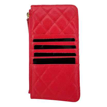 CHANEL Classic Flat Quilted Caviar Leather Wallet Pouch Red