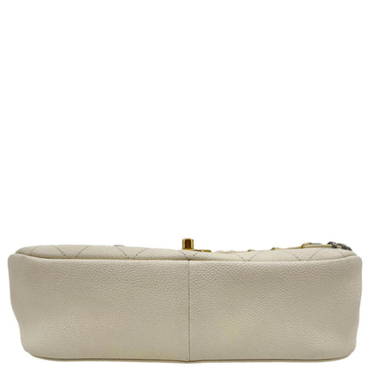 CHANEL Grommet Embellished Chic Flap Quilted Caviar Leather Crossbody Bag Ivory