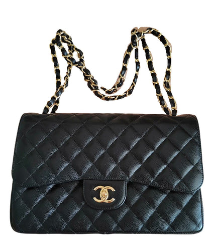 Chanel Classic Flap Jumbo Black Caviar Leather Double Flap with Gold Hardware