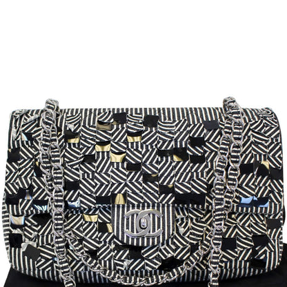 CHANEL Black/White Striped Medium Flap Shoulder Bag - Sale