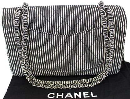CHANEL Black/White Striped Medium Flap Shoulder Bag - Sale