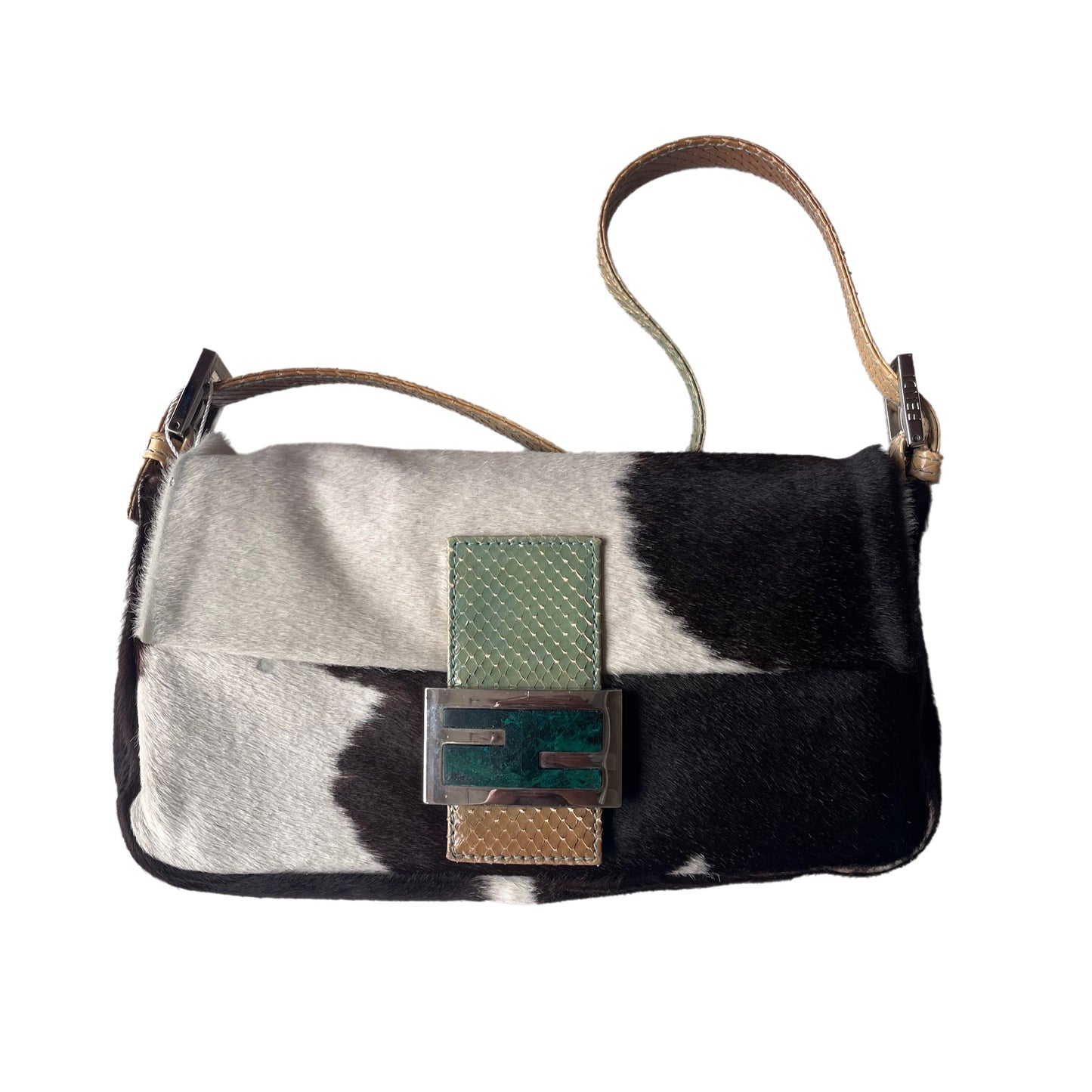 Fendi Baguette Pony hair in cow print White with Python Skin Strap and Buckle