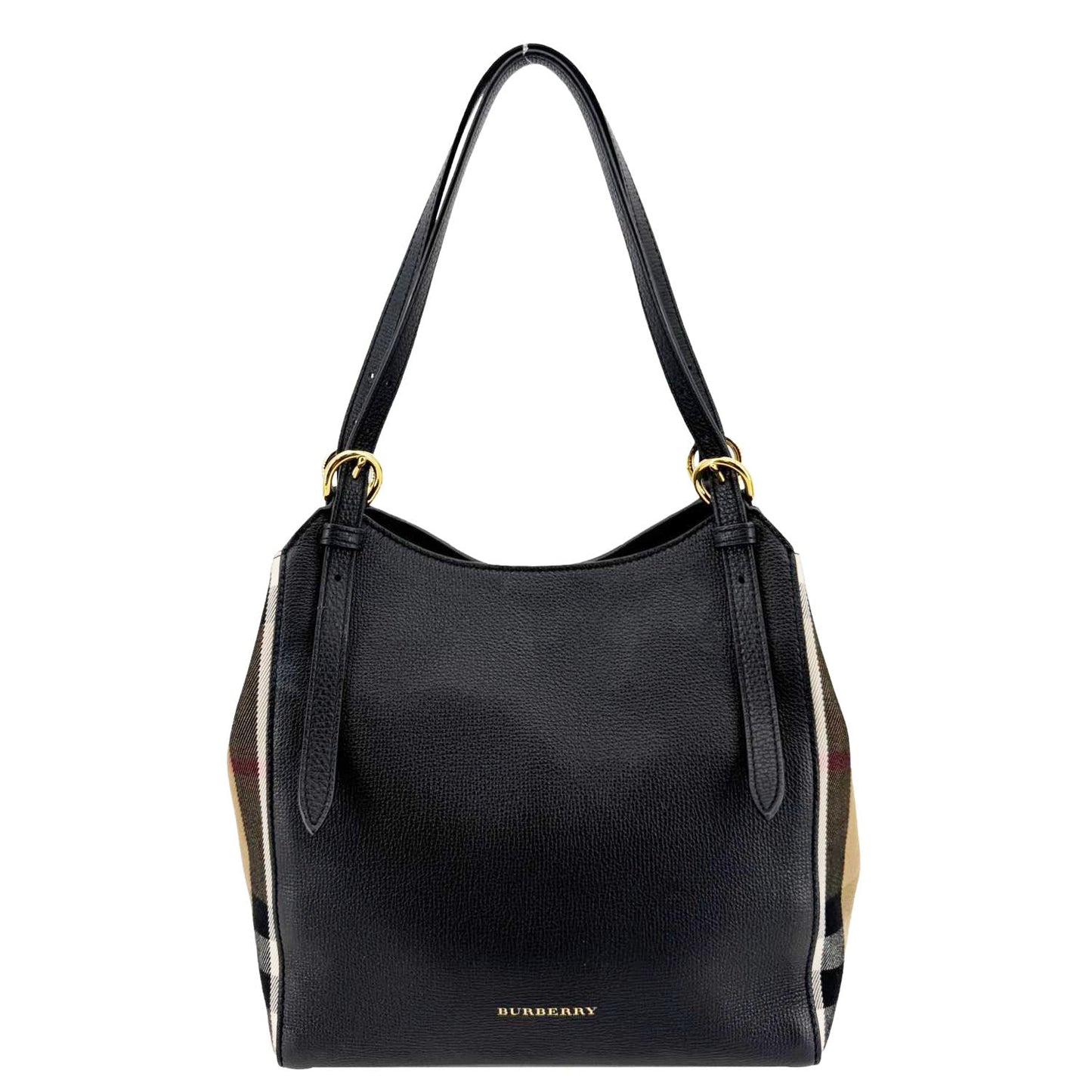 BURBERRY Canterbury Small House Check Derby Leather Tote Bag Black