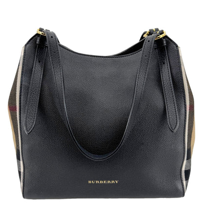 BURBERRY Canterbury Small House Check Derby Leather Tote Bag Black