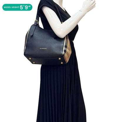 BURBERRY Canterbury Small House Check Derby Leather Tote Bag Black