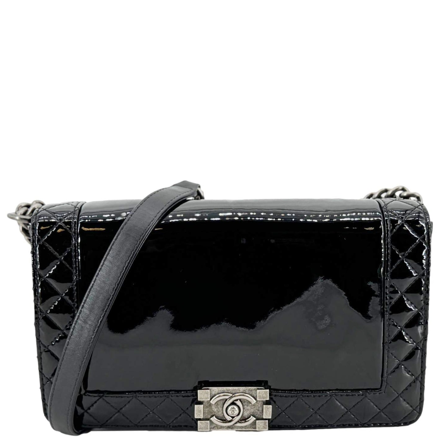 CHANEL Boy Reverso Flap Medium Patent Leather Crossbody Bag Black