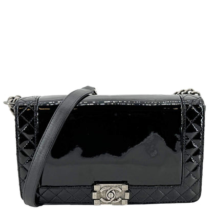 CHANEL Boy Reverso Flap Medium Patent Leather Crossbody Bag Black