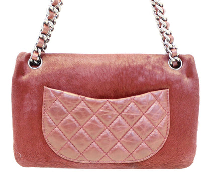 CHANEL Burgundy Quilted Leather Pony Hair Double Flap Shoulder Bag