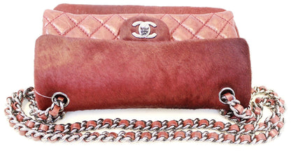 CHANEL Burgundy Quilted Leather Pony Hair Double Flap Shoulder Bag