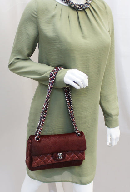 CHANEL Burgundy Quilted Leather Pony Hair Double Flap Shoulder Bag