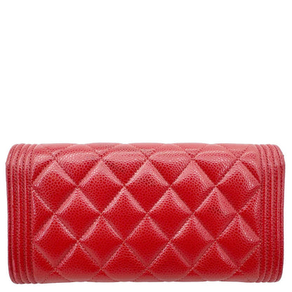CHANEL Boy Flap Large Quilted Caviar Leather Wallet Red