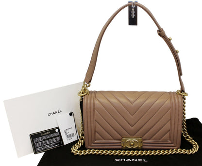 CHANEL Calfskin Chevron Quilted Dark Beige Medium Boy Flap Bag