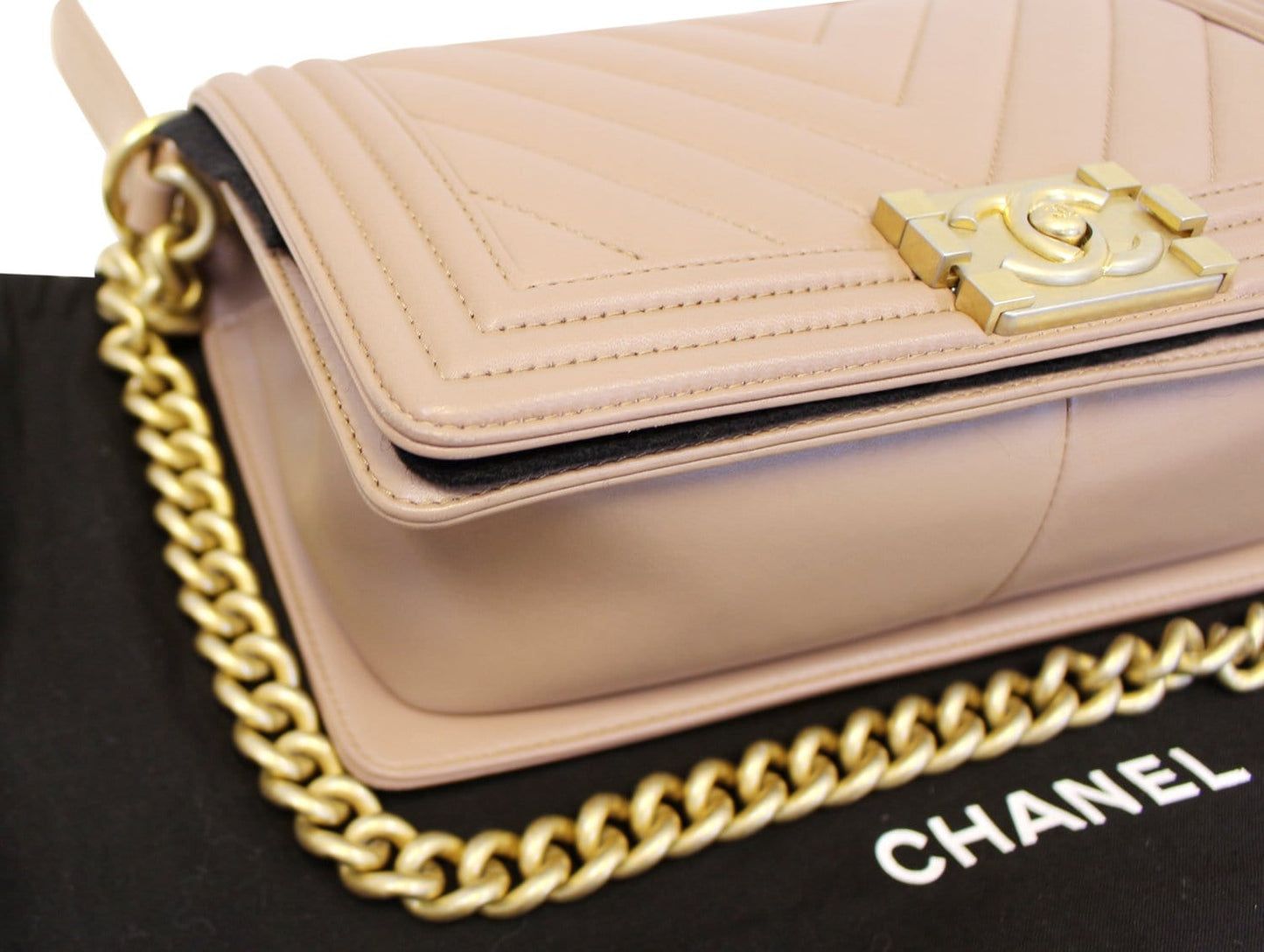 CHANEL Calfskin Chevron Quilted Dark Beige Medium Boy Flap Bag