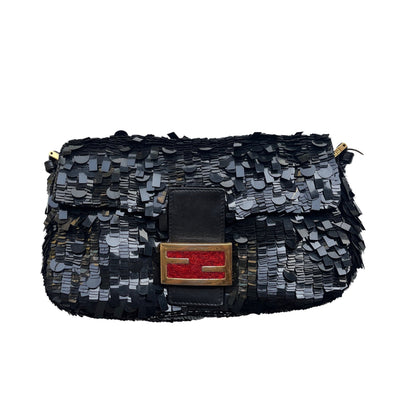 Fendi Baguette Multi-shape Black Sequins with Red Buckle