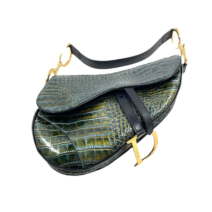 Dior Saddle Green Medium Crocodile embossed Leather Handbag