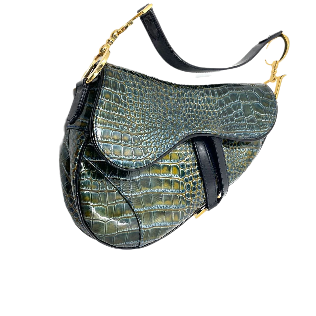 Dior Saddle Green Medium Crocodile embossed Leather Handbag