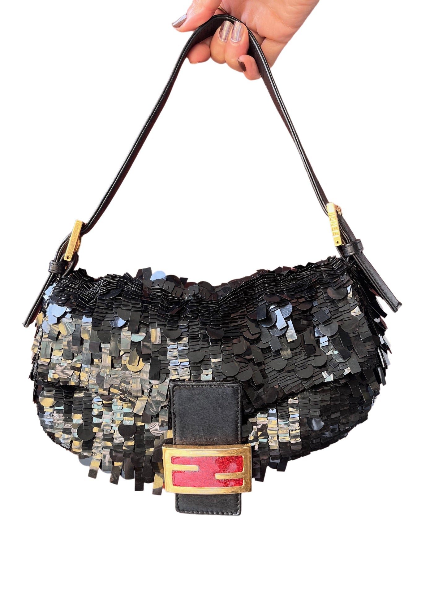 Fendi Baguette Multi-shape Black Sequins with Red Buckle