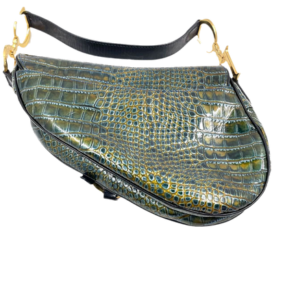 Dior Saddle Green Medium Crocodile embossed Leather Handbag