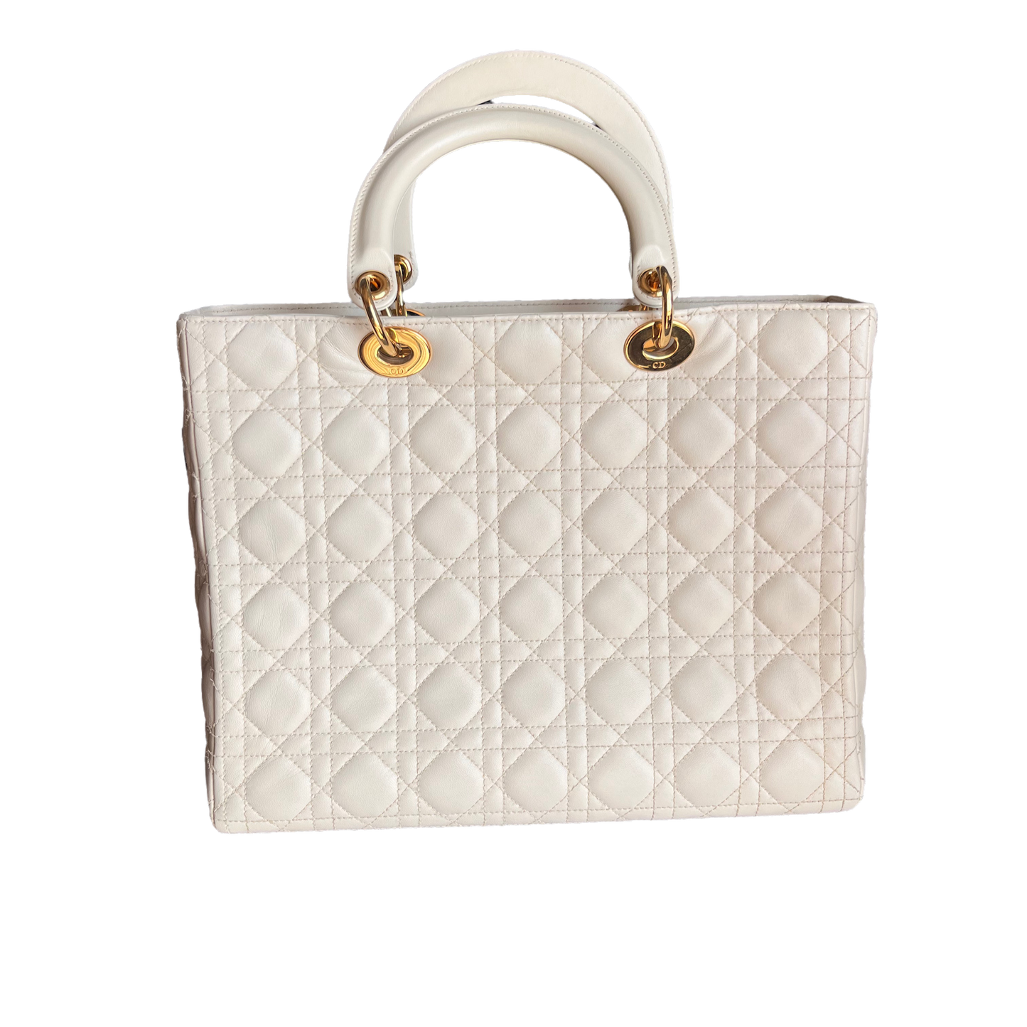 Lady Dior Large Cream White Cannage Lambskin Leather handbag with Gold Hardware and Strap