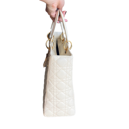Lady Dior Large Cream White Cannage Lambskin Leather handbag with Gold Hardware and Strap