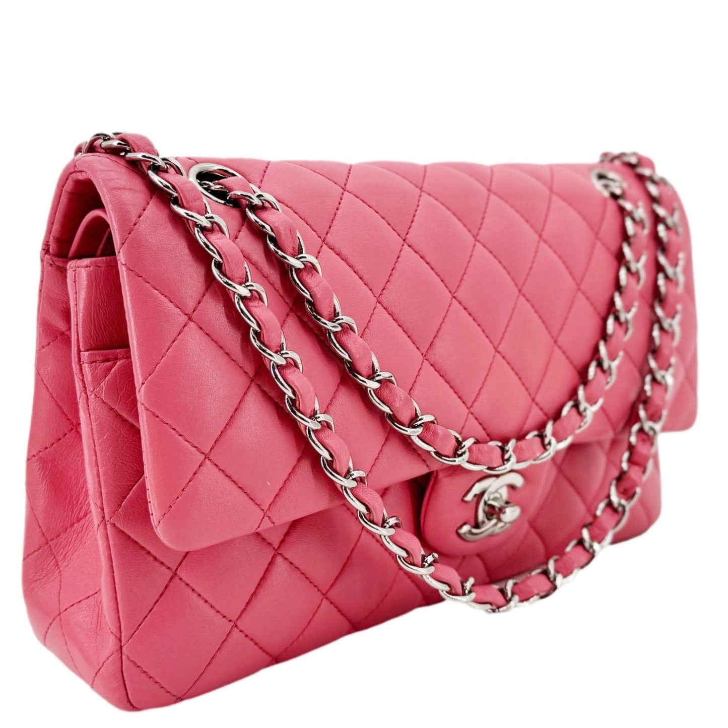 CHANEL Classic Double Flap Medium  Quilted Leather Shoulder Bag Salmon Pink