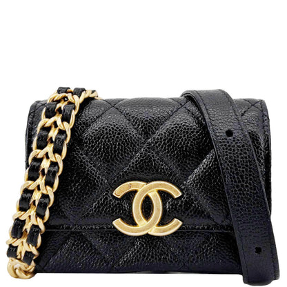 CHANEL Sweetheart CC Chain Quilted Caviar Leather Belt Bag Black