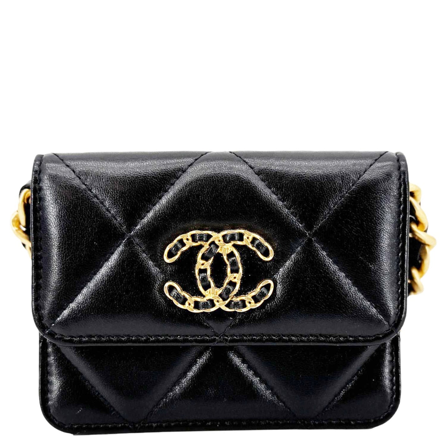 CHANEL 19 Flap Coin Purse Quilted Leather Chain Shoulder Bag Black