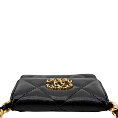 CHANEL 19 Flap Coin Purse Quilted Leather Chain Shoulder Bag Black