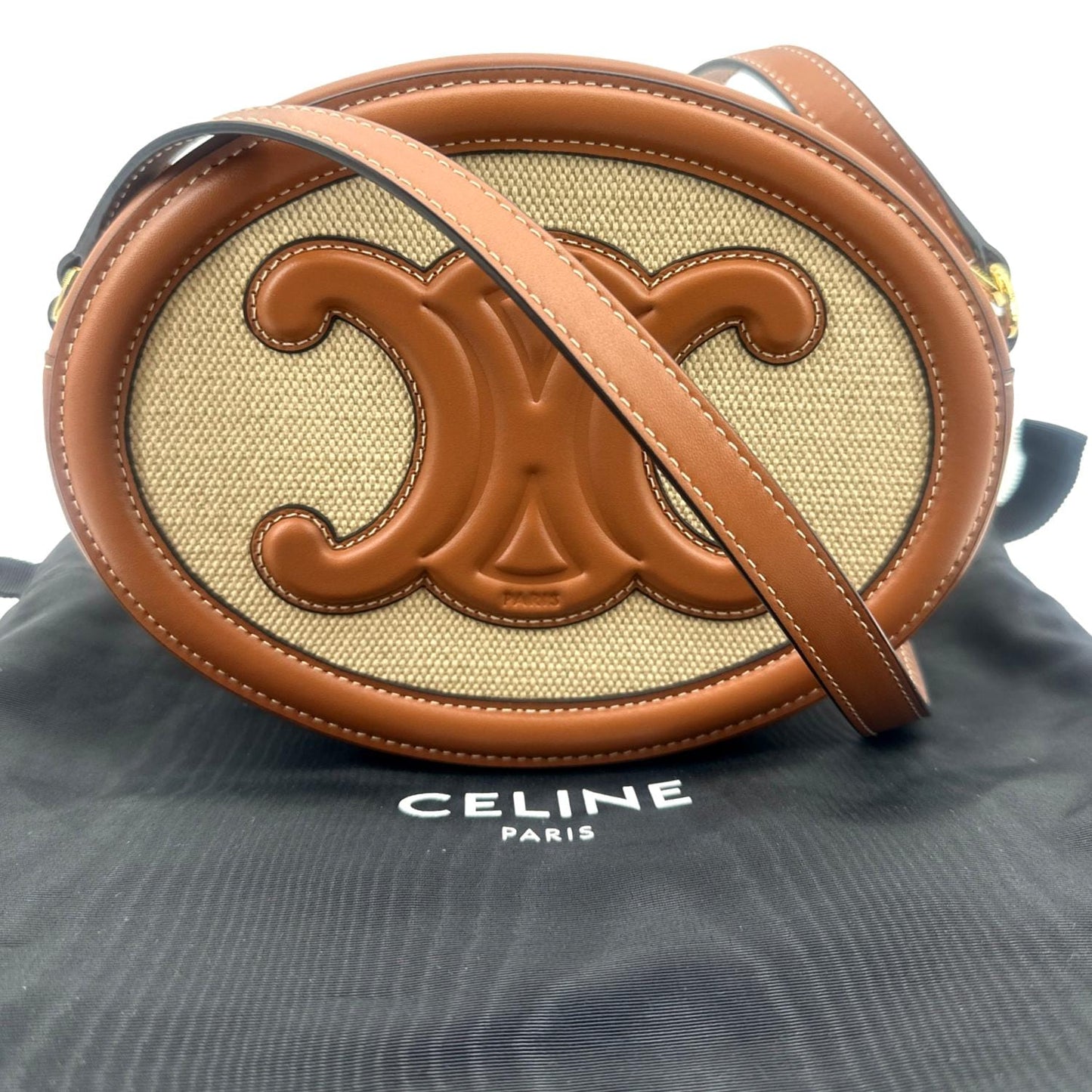 CELINE Triomphe Oval Calfskin Leather Shoulder Bag Tan