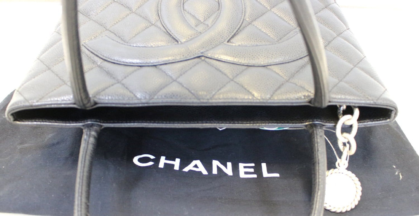 CHANEL Black Quilted Caviar Leather Medallion Tote Bag
