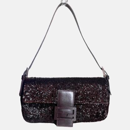 Fendi Baguette Vintage Dark Chocolate Brown Glitter Beads