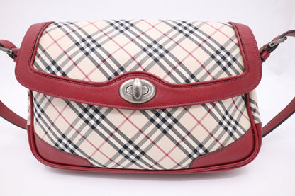 Burberry Shoulder Bag in Beige Checked Canvas & Red Leather