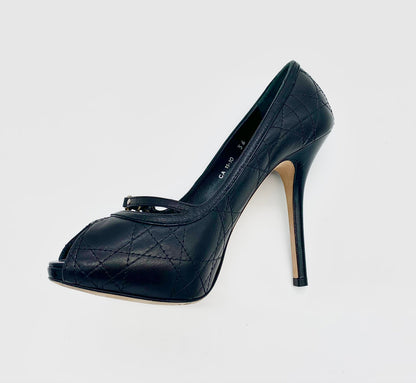 CHRISTIAN DIOR CANNAGE QUILTED LEATHER PEEP TOE PUMPS
