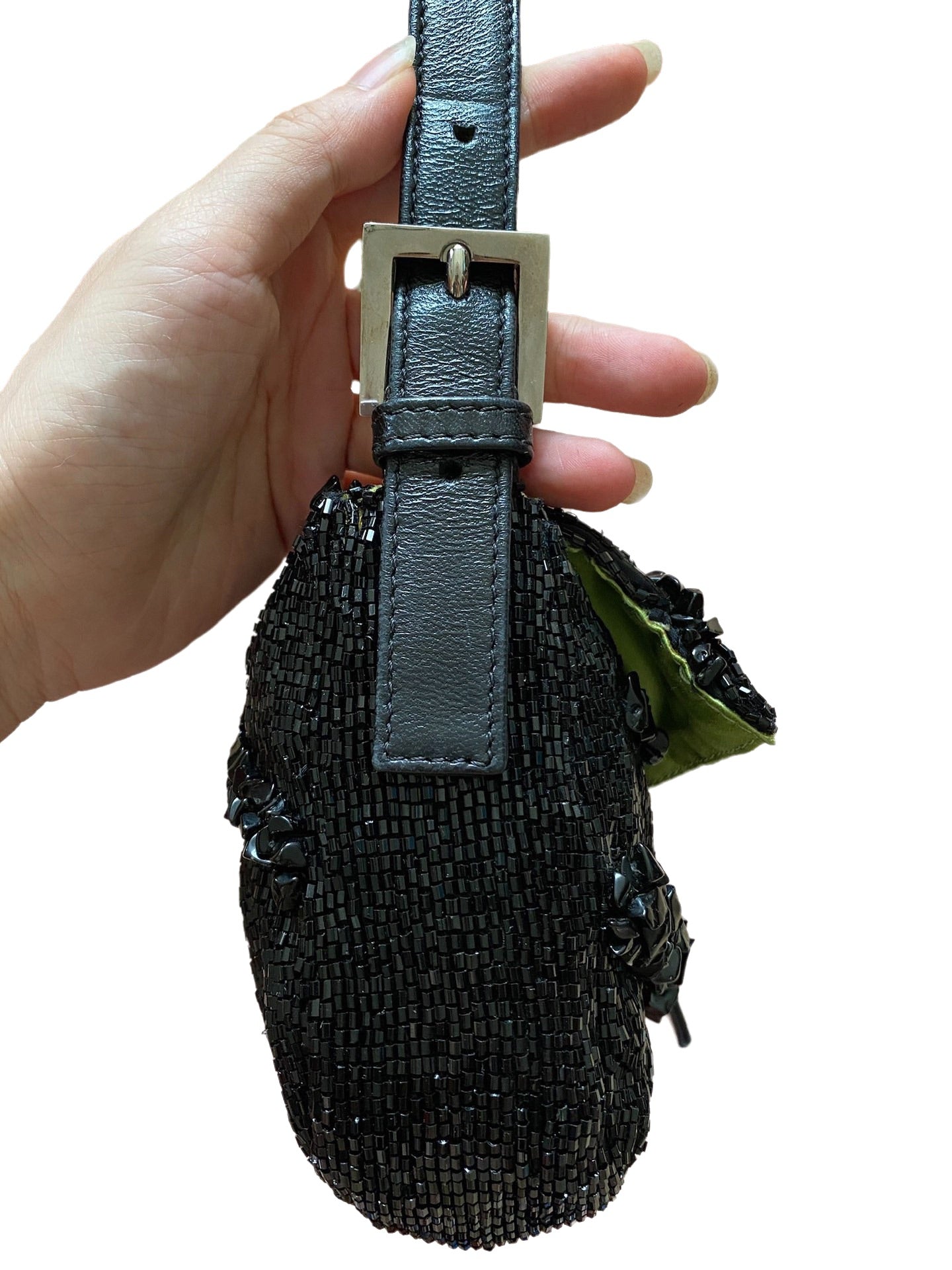 Fendi Baguette Black Beaded Shoulder Bag with Stones in Wave Pattern