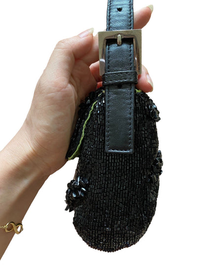 Fendi Baguette Black Beaded Shoulder Bag with Stones in Wave Pattern