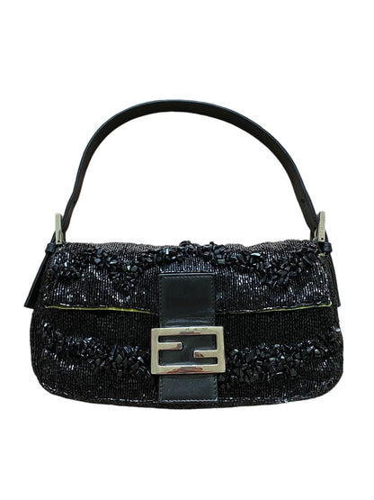 Fendi Baguette Black Beaded Shoulder Bag with Stones in Wave Pattern