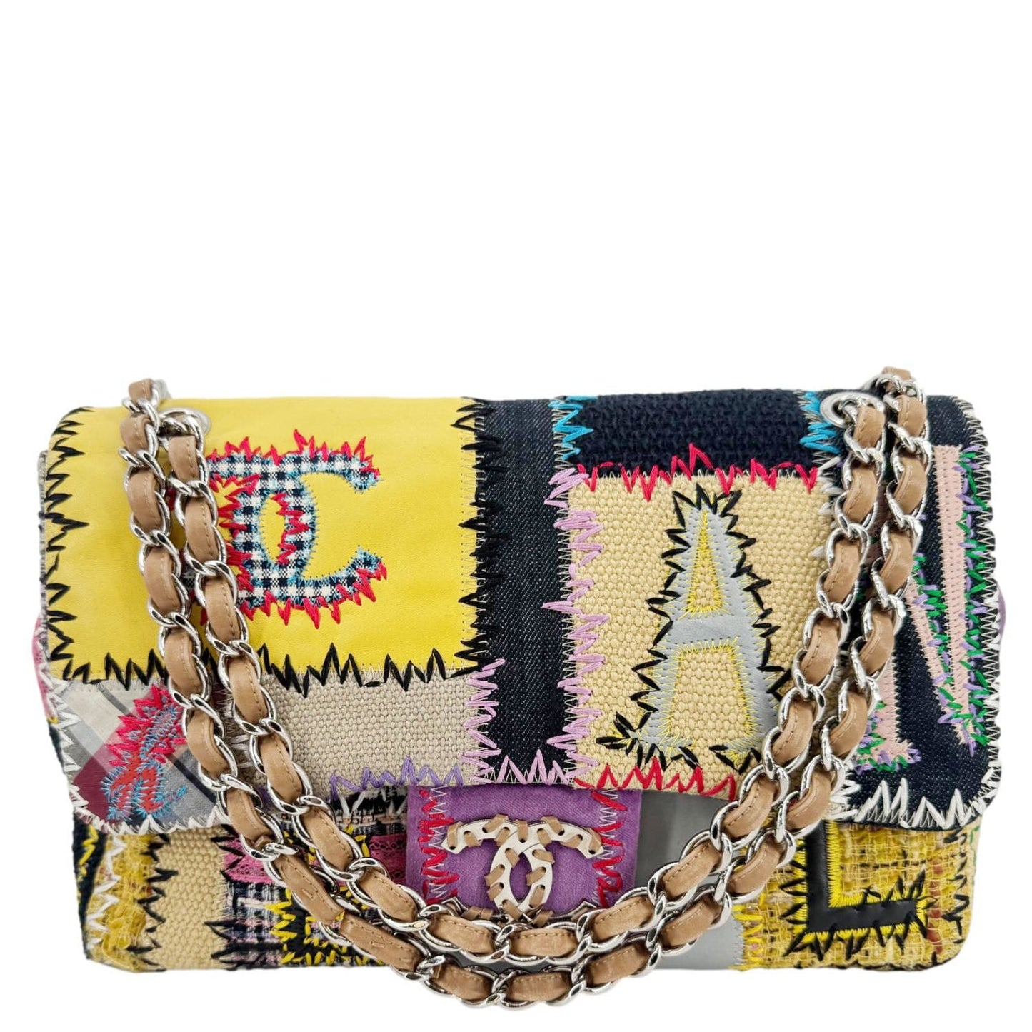 CHANEL Single Flap Jumbo Patchwork Tweed Crossbody Bag Multicolor