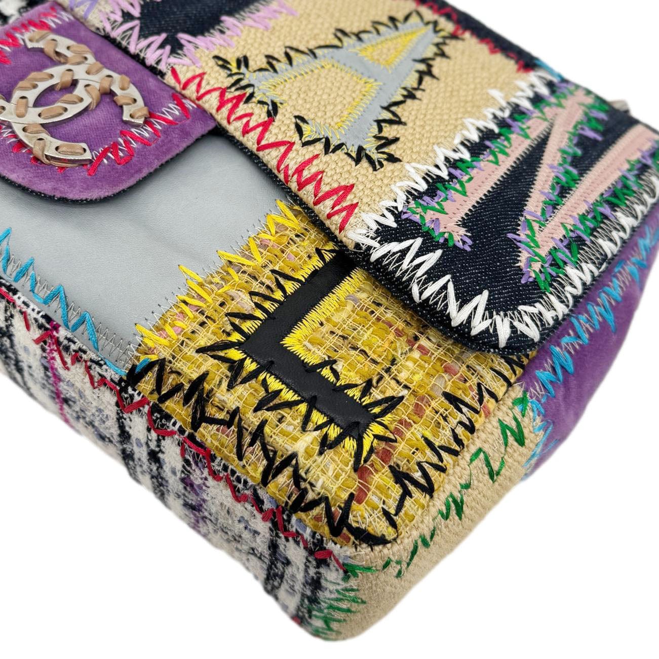 CHANEL Single Flap Jumbo Patchwork Tweed Crossbody Bag Multicolor