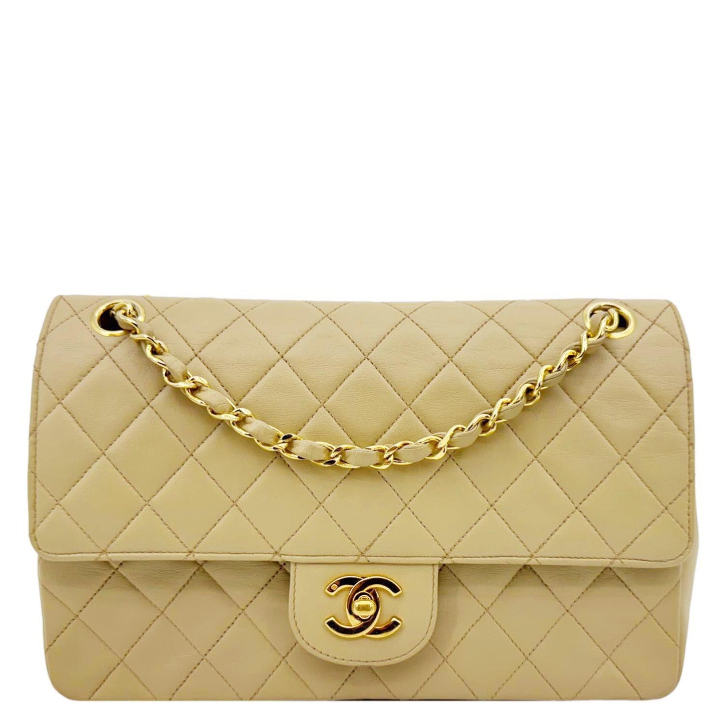 CHANEL Vintage Classic Double Flap Medium Quilted Leather Shoulder Bag Beige