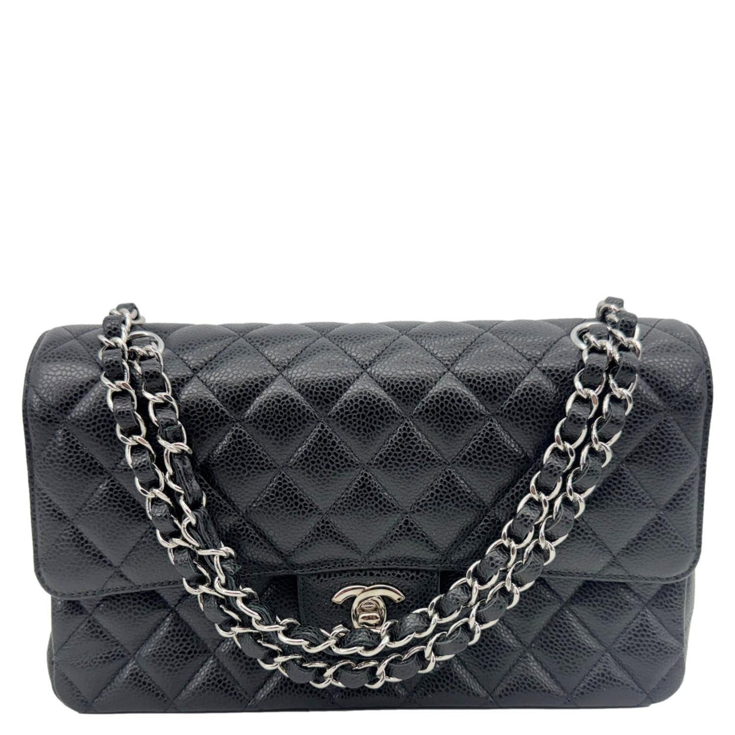CHANEL Classic Double Flap Medium Quilted Caviar Leather Shoulder Bag Black