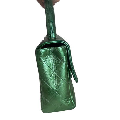 Chanel 1994 Classic Flap Kelly Top Handle Bag Medium Metallic Green Lambskin Leather