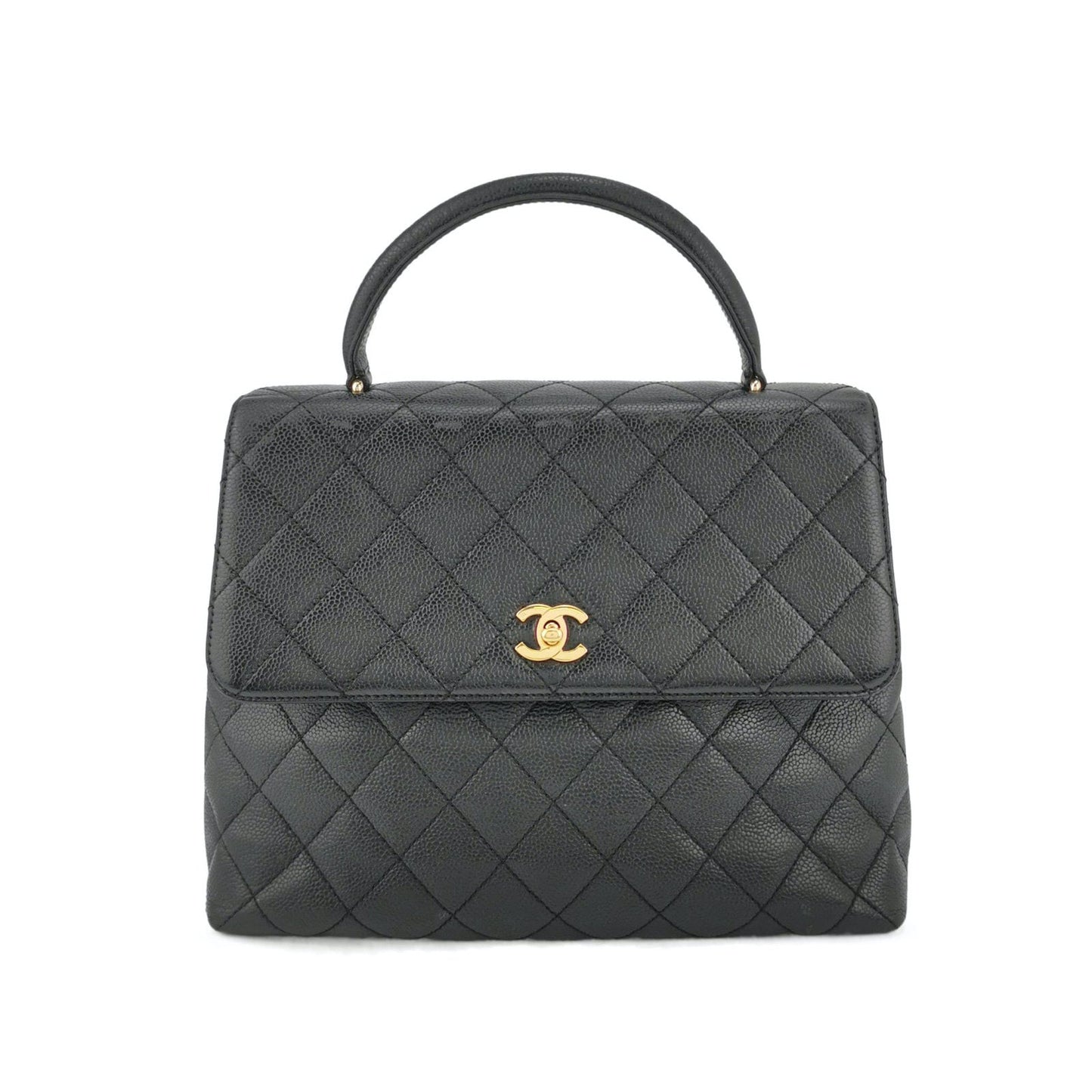 Chanel Vintage Top Handle Kelly Flap Bag Black Quilted Caviar Leather