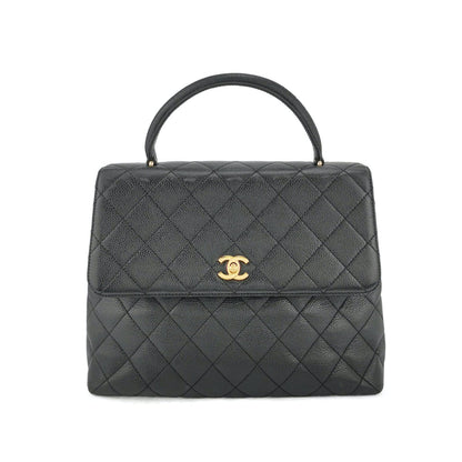 Chanel Vintage Top Handle Kelly Flap Bag Black Quilted Caviar Leather