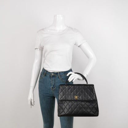 Chanel Vintage Top Handle Kelly Flap Bag Black Quilted Caviar Leather